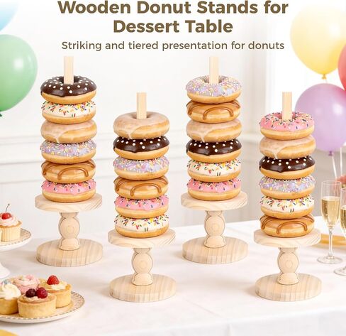 4 Pcs Wooden Donut Stands for Dessert Table, 16.92 in Donut Display Stand for Party, Stackable Tower Holder Bagel Holder Stand for Wedding, Birthday, and Tea Party in Saudi Arabia