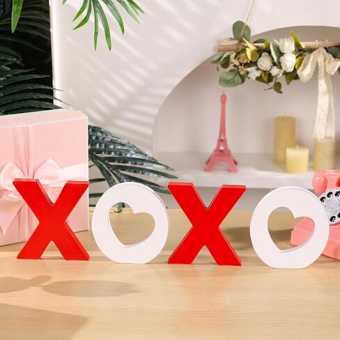 4 قطع من ديكورات عيد الحب الخشبية XOXO منضدية باللونين الأحمر والأبيض لتزيين صينية عيد الحب للمنزل والطاولة والرف والرف والمدفأة والزفاف in Saudi Arabia