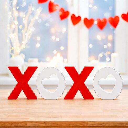 4 قطع من ديكورات عيد الحب الخشبية XOXO منضدية باللونين الأحمر والأبيض لتزيين صينية عيد الحب للمنزل والطاولة والرف والرف والمدفأة والزفاف in Saudi Arabia