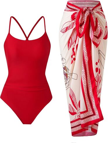 Women’s One Piece Swimsuit with Skirt Retro Crisscross Back Bathing Suit Set with Wrap Cover Up in Saudi Arabia