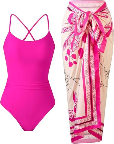 Women’s One Piece Swimsuit with Skirt Retro Crisscross Back Bathing Suit Set with Wrap Cover Up in Saudi Arabia