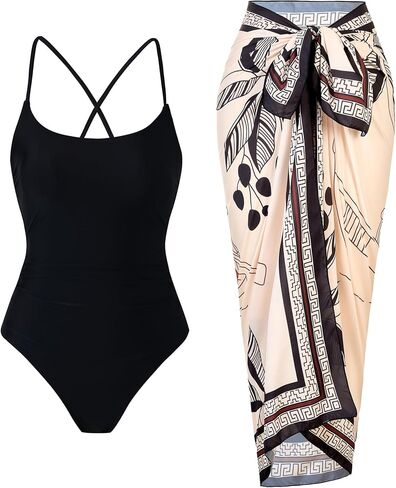 Women’s One Piece Swimsuit with Skirt Retro Crisscross Back Bathing Suit Set with Wrap Cover Up in Saudi Arabia