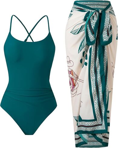 Women’s One Piece Swimsuit with Skirt Retro Crisscross Back Bathing Suit Set with Wrap Cover Up in Saudi Arabia