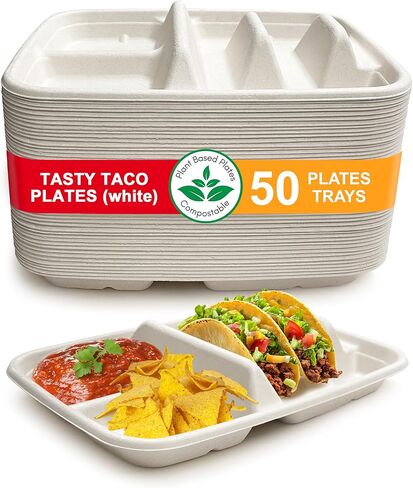 لوحات تاكو يمكن التخلص منها ل 2 من Tacos & 2 - 50 حزمة | لوحات الورق المتميزة مع المقسمات ، حامل Fiesta Taco ، Taco Stand for Taco Tuesday & Taco Bar Serning Set Taco Plates (50 لوحة) in Kuwait