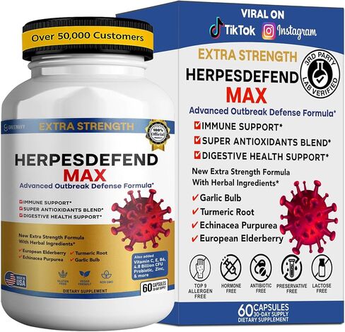 HerpesFend Max, تركيبة دفاعية متقدمة ذات قوة إضافية، 60 كبسولة، مع نبات البلسان والإشنسا والكركم والثوم والفيتامينات والبروبيوتيك (1) in Saudi Arabia