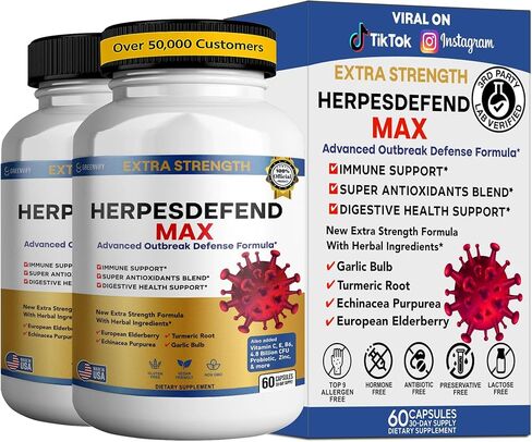 HerpesFend Max, تركيبة دفاعية متقدمة ذات قوة إضافية، 60 كبسولة، مع نبات البلسان والإشنسا والكركم والثوم والفيتامينات والبروبيوتيك (1) in Kuwait