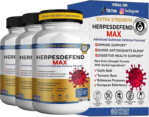 HerpesFend Max, تركيبة دفاعية متقدمة ذات قوة إضافية، 60 كبسولة، مع نبات البلسان والإشنسا والكركم والثوم والفيتامينات والبروبيوتيك (1) in Kuwait