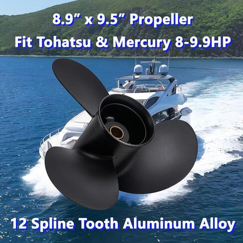 مروحة قارب خارجية من الألومنيوم مقاس 8.9 × 9.5 لمحركات Tohatsu & Mercury 8-9.9HP، 12 سنًا، 3B2B64519-1، متوافقة مع Tohatsu & Mercury 8HP 9.9HP، RH in Kuwait