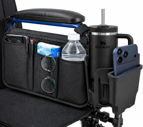 Wheelchair Accessories, Wheelchair Cup Holder with Wheelchair Side Bag, 360° Rotatable & Strong Clip Cup Holder for Wheelchair, Mobility Scooter, Walker Accessories for Seniors, Adults in Saudi Arabia