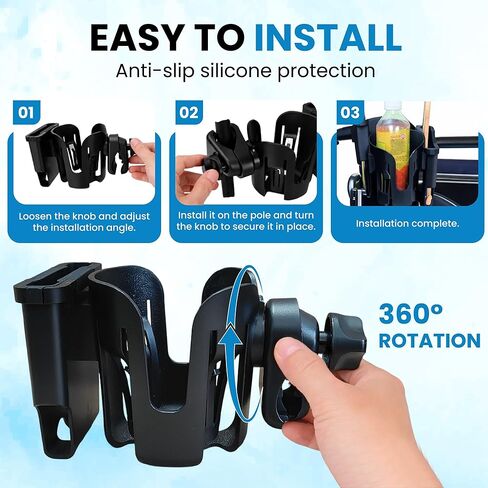 Wheelchair Accessories, Wheelchair Cup Holder with Wheelchair Side Bag, 360° Rotatable & Strong Clip Cup Holder for Wheelchair, Mobility Scooter, Walker Accessories for Seniors, Adults in Saudi Arabia