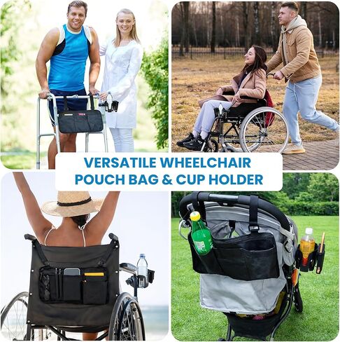 Wheelchair Accessories, Wheelchair Cup Holder with Wheelchair Side Bag, 360° Rotatable & Strong Clip Cup Holder for Wheelchair, Mobility Scooter, Walker Accessories for Seniors, Adults in Saudi Arabia