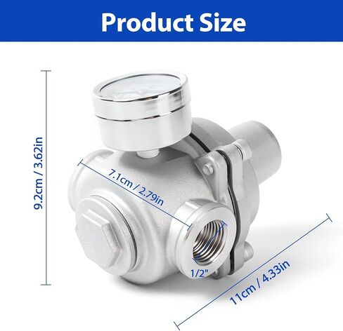 صمام منظم ضغط المياه Kodilin مع مقياس، منظم ضغط المياه RV قابل للتعديل 1/2 بوصة NPT، صمام تخفيض ضغط المياه من الفولاذ المقاوم للصدأ 304 للحديقة والمنزل والاستخدام الصناعي in Kuwait