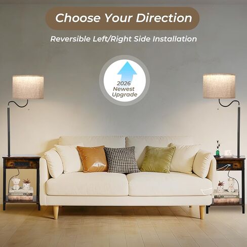 FIMEI Floor Lamp with Table, End Table with Charging Station USB Ports & Outlets, Bedside Table 3 Color Temperature Reading Light, Nightstand with Shelves for Living Room, Bedroom, Apartment in Kuwait
