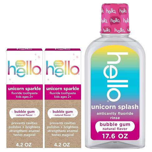 Hello Unicorn Sparkle Kids Toothpaste with Fluoride and Unicorn Splash Kids Mouthwash with Fluoride Bundle Pack, No Alcohol Formula, Natural Flavor Bubblegum Mouthwash and Toothpaste in Saudi Arabia