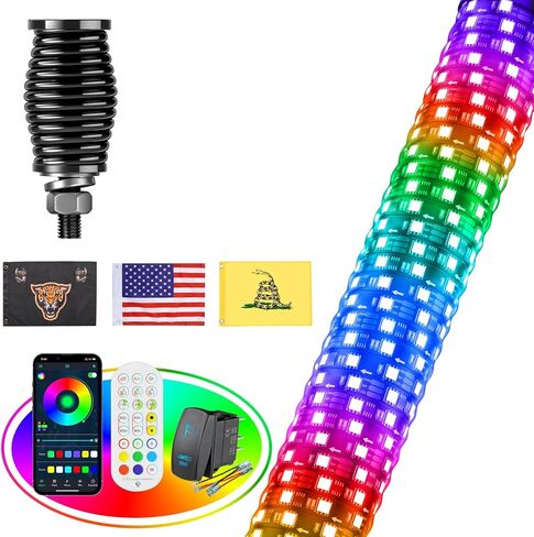 2 قطعة من أضواء سوط الدهون بطول 2 قدم لـ UTV ATV مع قاعدة زنبركية، ضوء سوط دهني LED مع مفتاح هزاز و6 أعلام، سوط هوائي مضاء للمطاردة الحلزونية أكثر سطوعًا مع تطبيق وجهاز تحكم عن بعد لـ RZR SXS Can-Am in Kuwait