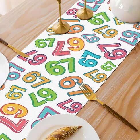 مضحك 6 7 ميمي عيد ميلاد الجدول عداء ملون 67 ستة سبعة الإنترنت الفيروسية الفكاهة الطرف الديكور المنزل مطبخ غرفة الطعام ديكور الطاولة (13 "× 72") in Kuwait