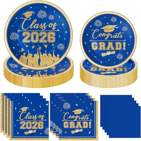 لوحات ومناديل التخرج 2026 لوازم حفلات التخرج، فئة 2026 Congrats Grad مجموعة مناديل ورقية للاستعمال مرة واحدة لتزيين حفلات التخرج باللونين الأزرق والذهبي 2026، تخدم 25 شخصًا in Kuwait