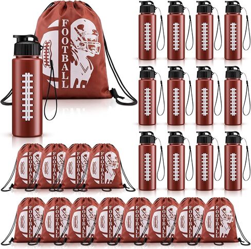 Mifoci 24 Pieces Football Water Bottle and Football Drawstring Backpack Set 12 Pcs 17 oz Reusable Plastic Sports Water Bottle 12 Pcs Gym Goodie Gift Bag for Summer Gym Travel Party Outdoor in Saudi Arabia