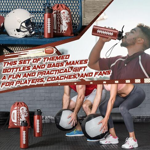 Mifoci 24 Pieces Football Water Bottle and Football Drawstring Backpack Set 12 Pcs 17 oz Reusable Plastic Sports Water Bottle 12 Pcs Gym Goodie Gift Bag for Summer Gym Travel Party Outdoor in Saudi Arabia