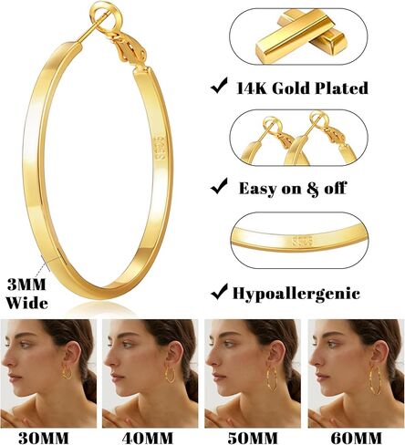 S925 Sterling Silver Post Hoop Earrings for Women Large Lightweight Silver Hoop Earrings 3mm Wide Thin Big Hoop Earrings for Women 30/40/50/60mm in Saudi Arabia