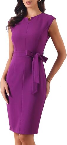 فستان Allegra K Sheath للنساء بدون أكمام وحزام على شكل حرف V ورقبة على شكل حرف V لفساتين المكتب الاحترافية in Saudi Arabia