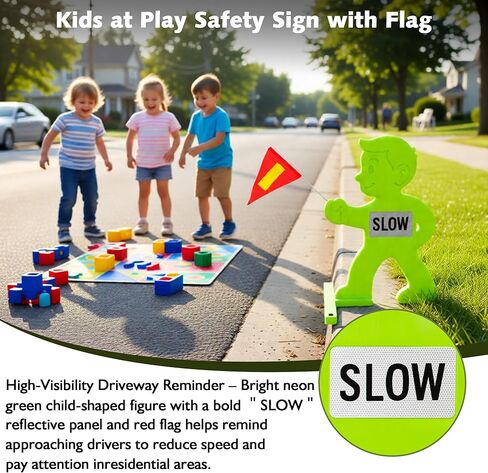 Outdoor Child Safety Sign - Kid Alert Street Safety Sign - 31 Inch Green Caution Sign for Neighborhoods Schools Driveway, Slow Down Kids At Play Sign with Reflective SLOW Sticker & Warning Flag in Saudi Arabia