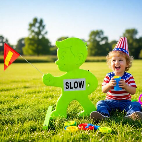 Outdoor Child Safety Sign - Kid Alert Street Safety Sign - 31 Inch Green Caution Sign for Neighborhoods Schools Driveway, Slow Down Kids At Play Sign with Reflective SLOW Sticker & Warning Flag in Saudi Arabia