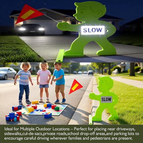 Outdoor Child Safety Sign - Kid Alert Street Safety Sign - 31 Inch Green Caution Sign for Neighborhoods Schools Driveway, Slow Down Kids At Play Sign with Reflective SLOW Sticker & Warning Flag in Saudi Arabia