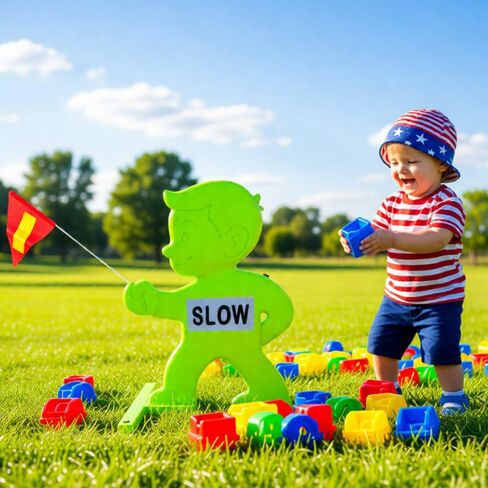 Outdoor Child Safety Sign - Kid Alert Street Safety Sign - 31 Inch Green Caution Sign for Neighborhoods Schools Driveway, Slow Down Kids At Play Sign with Reflective SLOW Sticker & Warning Flag in Saudi Arabia