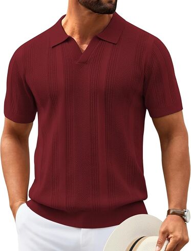 COOFANDY Mens Knit Polo Shirts V Neck Textured Polo Shirts Short Sleeve Breathable Polo Casual Collared T Shirt Fashion Tops in Kuwait