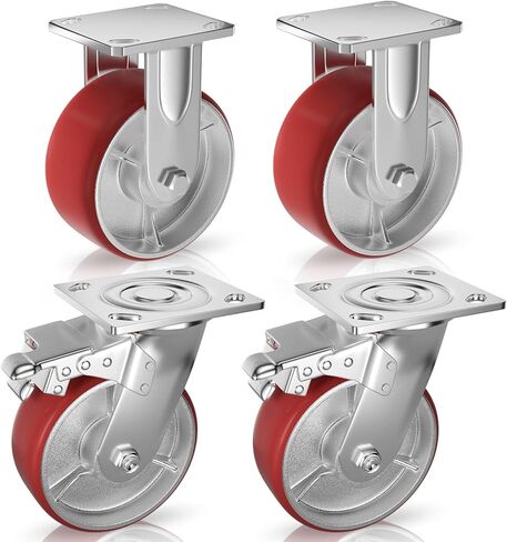 Casters Set of 4 Heavy Duty 6 inch with Brakes 2 and Fixed - ASRINIEY Locking Casters with Quiet Polyurethane on Steel Wheels, Swivel Plate Industrial Caster for Tool Box Trolley Workbench, 5000 lbs in Saudi Arabia