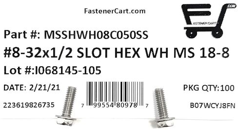 براغي آلة برأس غسالة سداسية مشقوقة 8-32x1/2 18-8 من الفولاذ المقاوم للصدأ (100 قطعة) in Kuwait