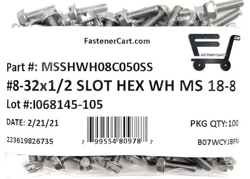 براغي آلة برأس غسالة سداسية مشقوقة 8-32x1/2 18-8 من الفولاذ المقاوم للصدأ (100 قطعة) in Kuwait
