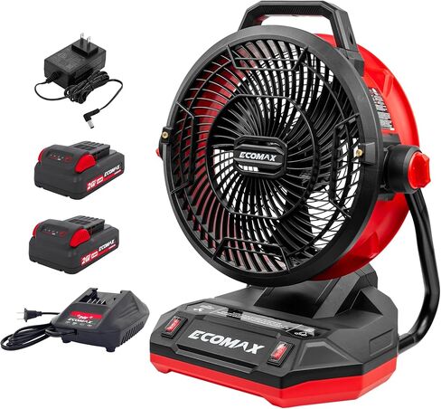 ECOMAX 12" AC/DC Bucket Top Misting Fan, Cordless with 2x20V Batteries & 2A Charger, 2-Speed Airflow & 2-Speed Mist Cooling Fan for Outdoor, Patio, Camping, Fits for 5-Gallon Bucket & Garden Hose in Kuwait