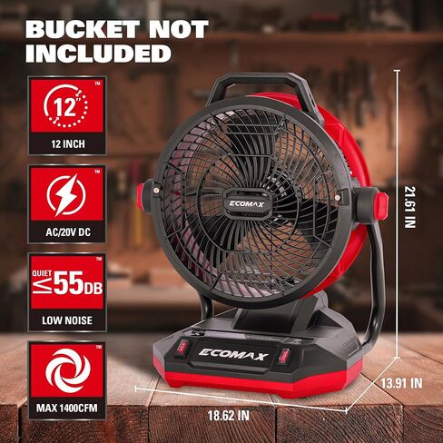 ECOMAX 12" AC/DC Bucket Top Misting Fan, Cordless with 2x20V Batteries & 2A Charger, 2-Speed Airflow & 2-Speed Mist Cooling Fan for Outdoor, Patio, Camping, Fits for 5-Gallon Bucket & Garden Hose in Kuwait