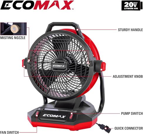 ECOMAX 12" AC/DC Bucket Top Misting Fan, Cordless with 2x20V Batteries & 2A Charger, 2-Speed Airflow & 2-Speed Mist Cooling Fan for Outdoor, Patio, Camping, Fits for 5-Gallon Bucket & Garden Hose in Kuwait