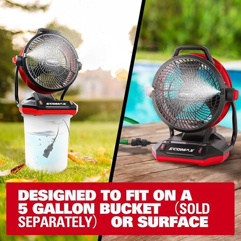 ECOMAX 12" AC/DC Bucket Top Misting Fan, Cordless with 2x20V Batteries & 2A Charger, 2-Speed Airflow & 2-Speed Mist Cooling Fan for Outdoor, Patio, Camping, Fits for 5-Gallon Bucket & Garden Hose in Kuwait
