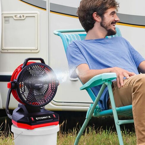 ECOMAX 12" AC/DC Bucket Top Misting Fan, Cordless with 2x20V Batteries & 2A Charger, 2-Speed Airflow & 2-Speed Mist Cooling Fan for Outdoor, Patio, Camping, Fits for 5-Gallon Bucket & Garden Hose in Kuwait