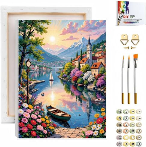 Sceorixa Coastal Town Paint by Numbers Kit for Adults - DIY Seaside Scenery Painting On Canvas 16X20 Inches, Acrylic Paint Set, Suitable for Beginners, Art for Home Decoration Or Gifts, Unframed in Saudi Arabia