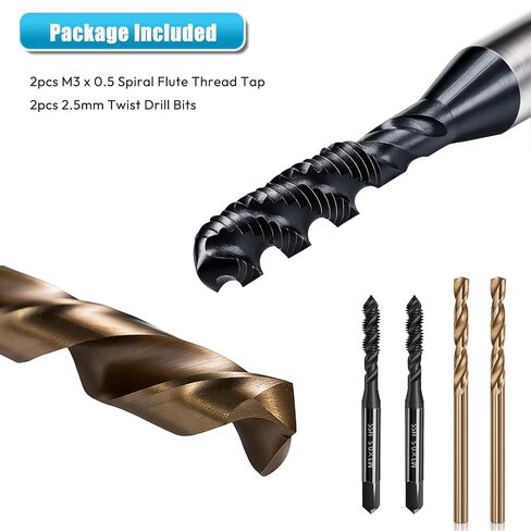 Metric Tap and Drill Bit Set, 2Pcs M3×0.5 HSS 6542 Spiral Flute Thread Tap and 2pcs 2.5mm M35 HSS Twist Drill Bit Cobalt Drill Bit Set, Machine Screw Tap Drill Set, Screw Tapping Threading Tool in Saudi Arabia
