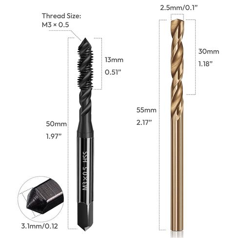 Metric Tap and Drill Bit Set, 2Pcs M3×0.5 HSS 6542 Spiral Flute Thread Tap and 2pcs 2.5mm M35 HSS Twist Drill Bit Cobalt Drill Bit Set, Machine Screw Tap Drill Set, Screw Tapping Threading Tool in Saudi Arabia