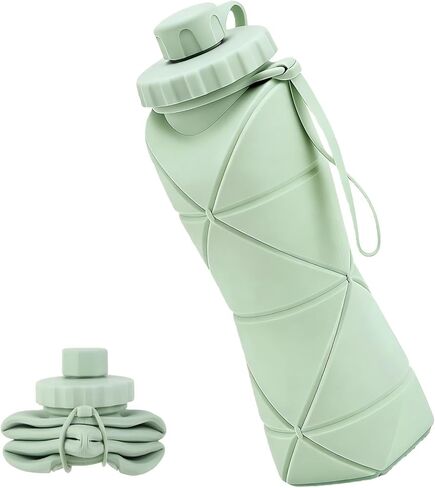 زجاجة مياه قابلة للطي للسفر سعة 20 أونصة (600 مل)، خالية من مادة BPA، زجاجة مياه قابلة للطي وخفيفة الوزن من السيليكون وقابلة لإعادة الاستخدام مع غطاء مانع للتسرب وحبل قصير، محمولة للسفر وركوب الدراجات والتخييم (أخضر) in Kuwait