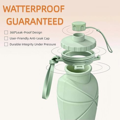 زجاجة مياه قابلة للطي للسفر سعة 20 أونصة (600 مل)، خالية من مادة BPA، زجاجة مياه قابلة للطي وخفيفة الوزن من السيليكون وقابلة لإعادة الاستخدام مع غطاء مانع للتسرب وحبل قصير، محمولة للسفر وركوب الدراجات والتخييم (أخضر) in Kuwait