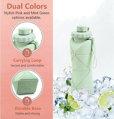 زجاجة مياه قابلة للطي للسفر سعة 20 أونصة (600 مل)، خالية من مادة BPA، زجاجة مياه قابلة للطي وخفيفة الوزن من السيليكون وقابلة لإعادة الاستخدام مع غطاء مانع للتسرب وحبل قصير، محمولة للسفر وركوب الدراجات والتخييم (أخضر) in Kuwait