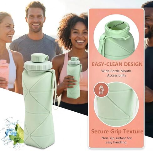 زجاجة مياه قابلة للطي للسفر سعة 20 أونصة (600 مل)، خالية من مادة BPA، زجاجة مياه قابلة للطي وخفيفة الوزن من السيليكون وقابلة لإعادة الاستخدام مع غطاء مانع للتسرب وحبل قصير، محمولة للسفر وركوب الدراجات والتخييم (أخضر) in Kuwait
