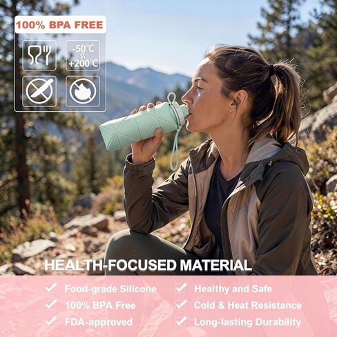 زجاجة مياه قابلة للطي للسفر سعة 20 أونصة (600 مل)، خالية من مادة BPA، زجاجة مياه قابلة للطي وخفيفة الوزن من السيليكون وقابلة لإعادة الاستخدام مع غطاء مانع للتسرب وحبل قصير، محمولة للسفر وركوب الدراجات والتخييم (أخضر) in Kuwait