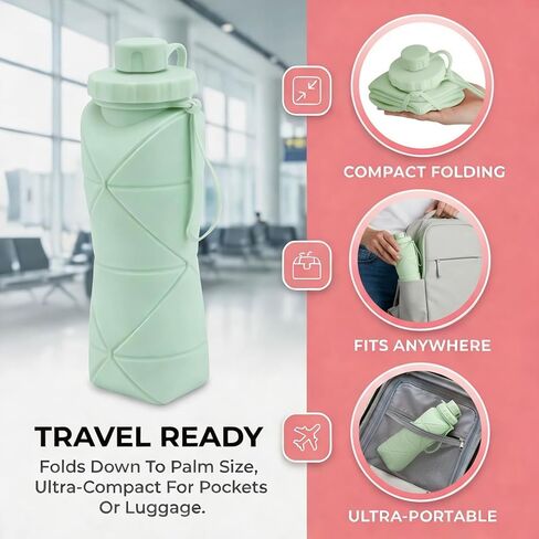 زجاجة مياه قابلة للطي للسفر سعة 20 أونصة (600 مل)، خالية من مادة BPA، زجاجة مياه قابلة للطي وخفيفة الوزن من السيليكون وقابلة لإعادة الاستخدام مع غطاء مانع للتسرب وحبل قصير، محمولة للسفر وركوب الدراجات والتخييم (أخضر) in Kuwait