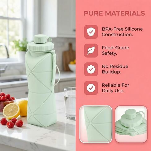 زجاجة مياه قابلة للطي للسفر سعة 20 أونصة (600 مل)، خالية من مادة BPA، زجاجة مياه قابلة للطي وخفيفة الوزن من السيليكون وقابلة لإعادة الاستخدام مع غطاء مانع للتسرب وحبل قصير، محمولة للسفر وركوب الدراجات والتخييم (أخضر) in Kuwait