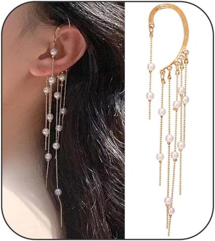 Bohemian Pearl Tassel Ear Cuffs for Women Elegant Non-Piercing Dangle Beaded Chain Clip-On Earrings Vintage Boho Ear Wrap Jewelry for Wedding Festival Beach Party in Saudi Arabia