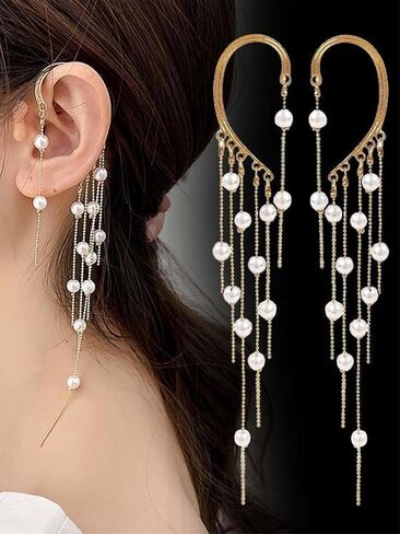 Bohemian Pearl Tassel Ear Cuffs for Women Elegant Non-Piercing Dangle Beaded Chain Clip-On Earrings Vintage Boho Ear Wrap Jewelry for Wedding Festival Beach Party in Saudi Arabia